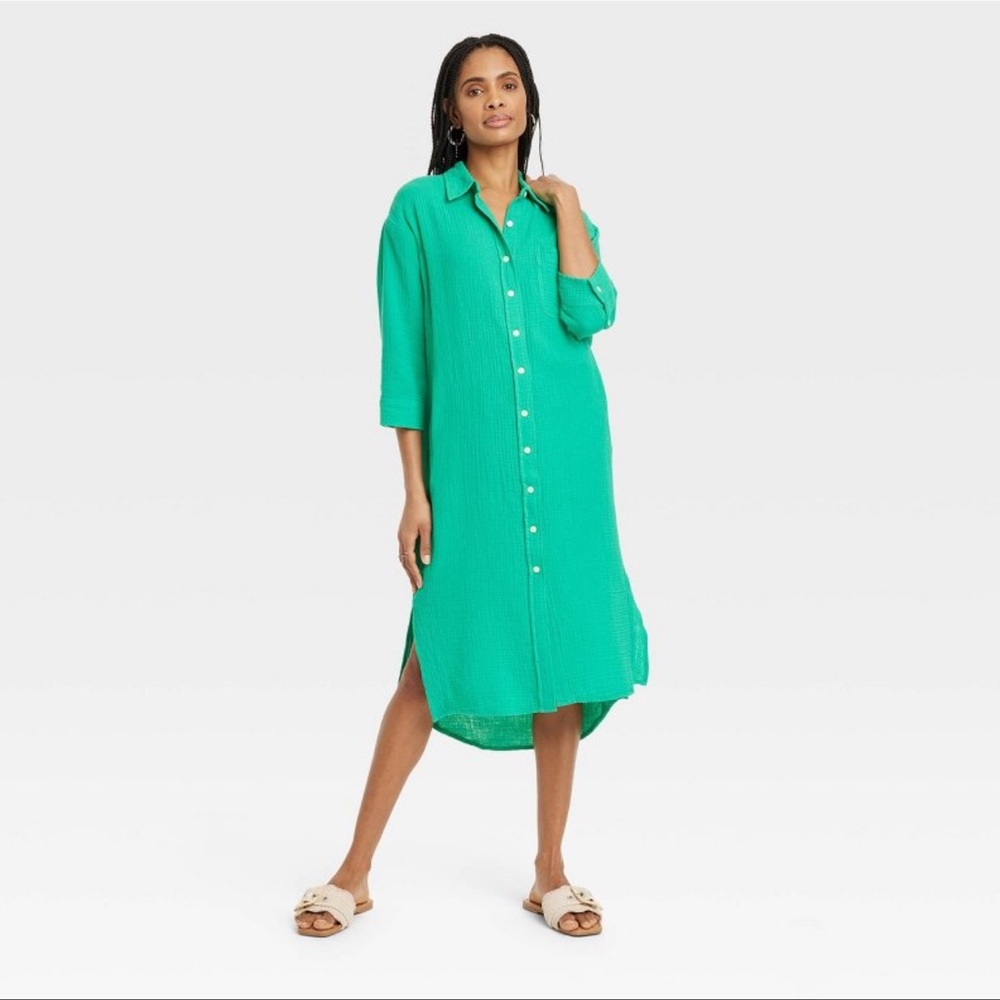 Women's 3/4 Sleeve Midi Shirtdress - Universal Thread Green S